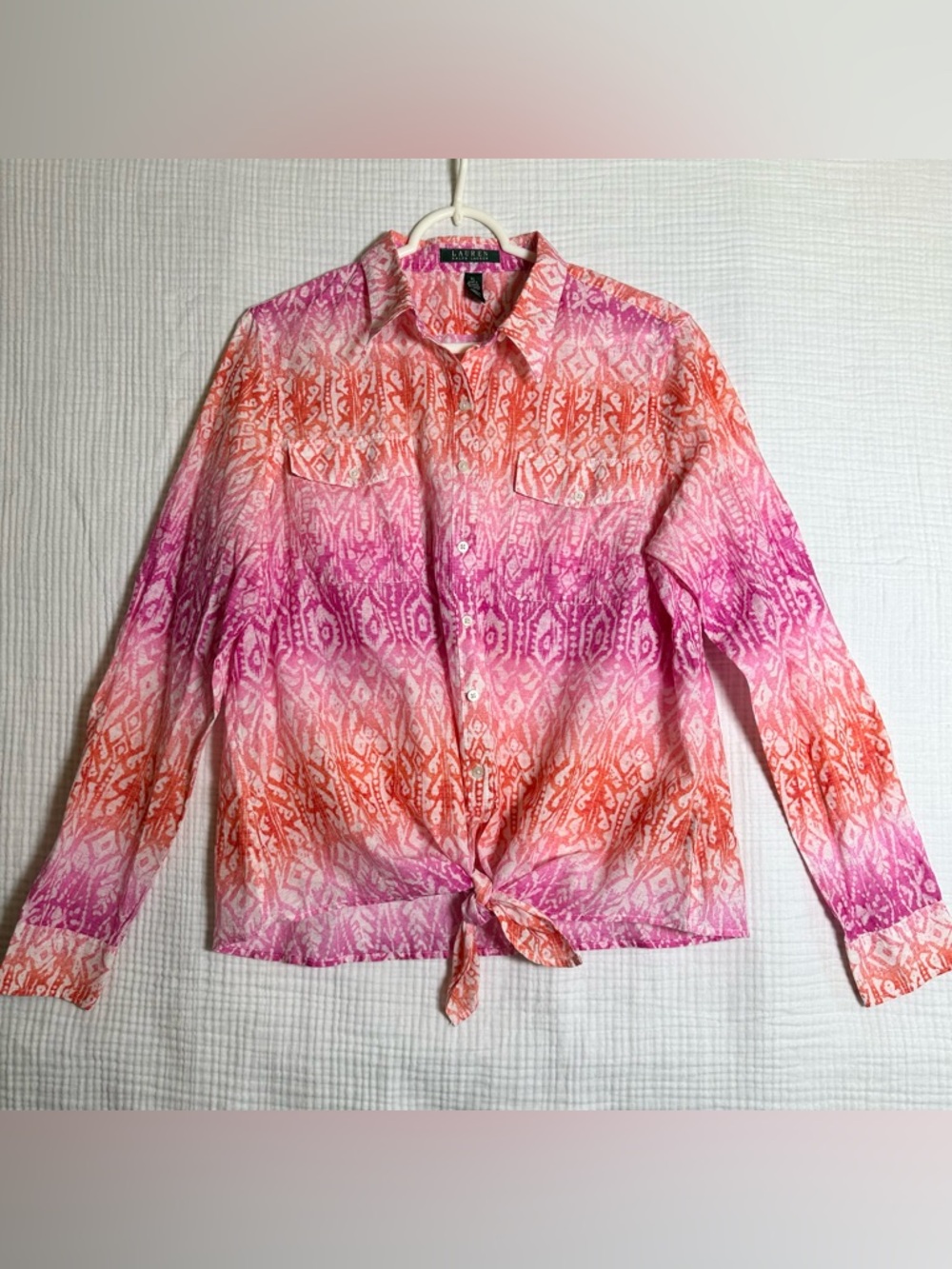 Ralph Lauren Womens Button Up SHIRT-XL-Pink Ikat Ombré Knot Front-Boho Resort
